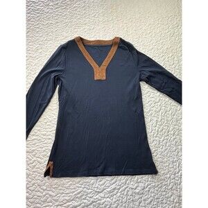 Ralph Lauren Blue Brown Suede Vneck Long Sleeve Blouse fits like Large